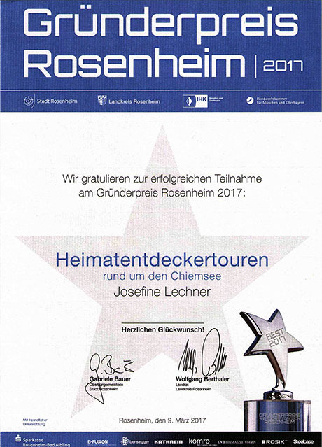 Urkunde Gründerpreis Rosenheim 2017, HeimatEntdeckerTouren rund um den Chiemsee, Josefine Lechner